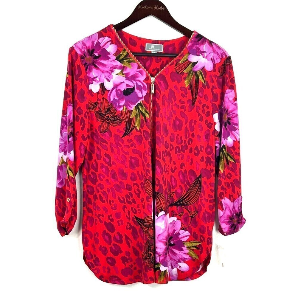 New JM Collection Women Sz PXL Red Pink Zip Neck Blouse Roll Tab Sleeve Tunic U4 - Picture 2 of 11